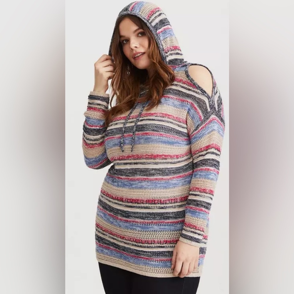 Torrid Cold Shoulder Open Knit Striped‎ Sweater Tunic Length Hoodie Women’s 1X